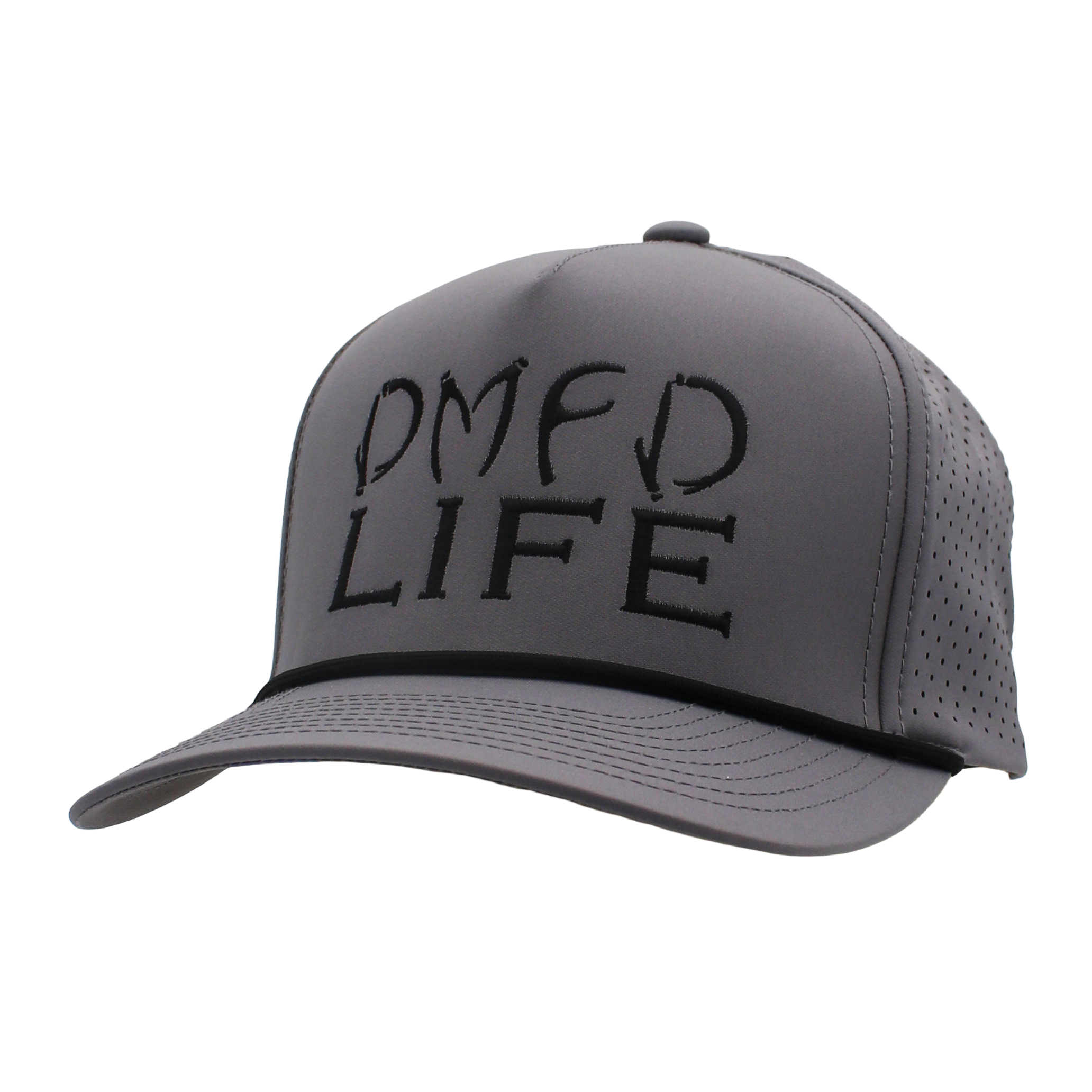 Grey hat with a black logo on the front and a black rope across the bill.