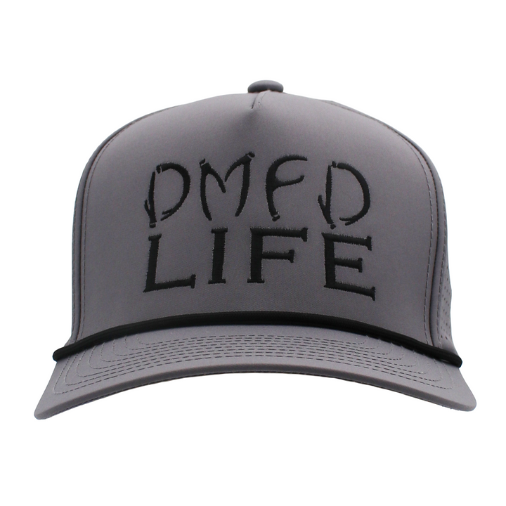Grey hat with a black DMFD LIFE logo on the front and a black rope across the bill.