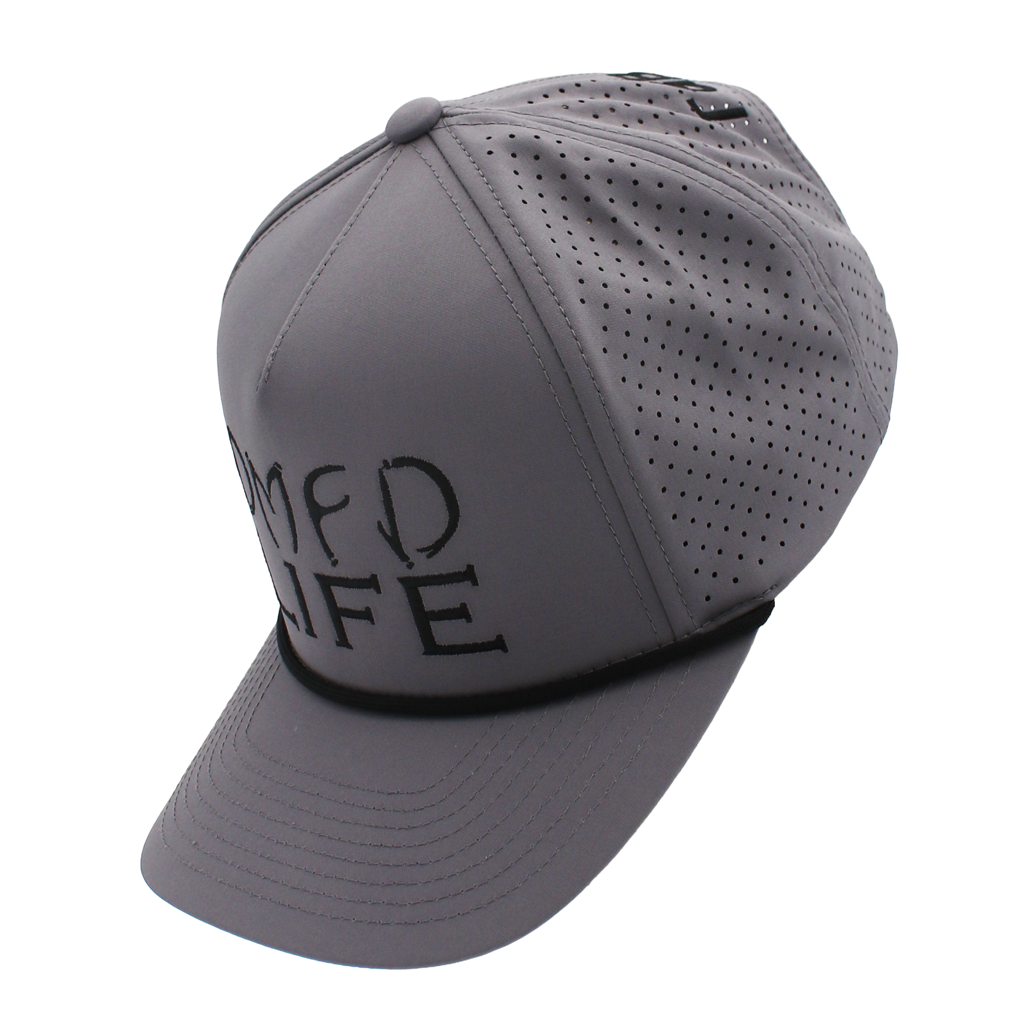 Side of a grey hat with a black logo on the front and a black rope across the bill, featuring a perforated mesh back.