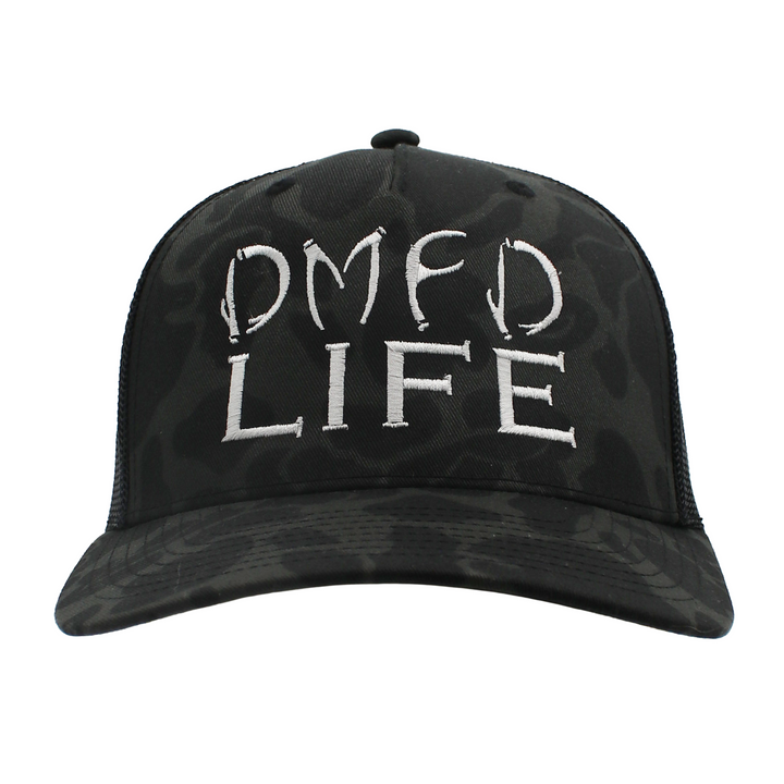 Black duck camo hat with a white DMFD LIFE logo on the front.