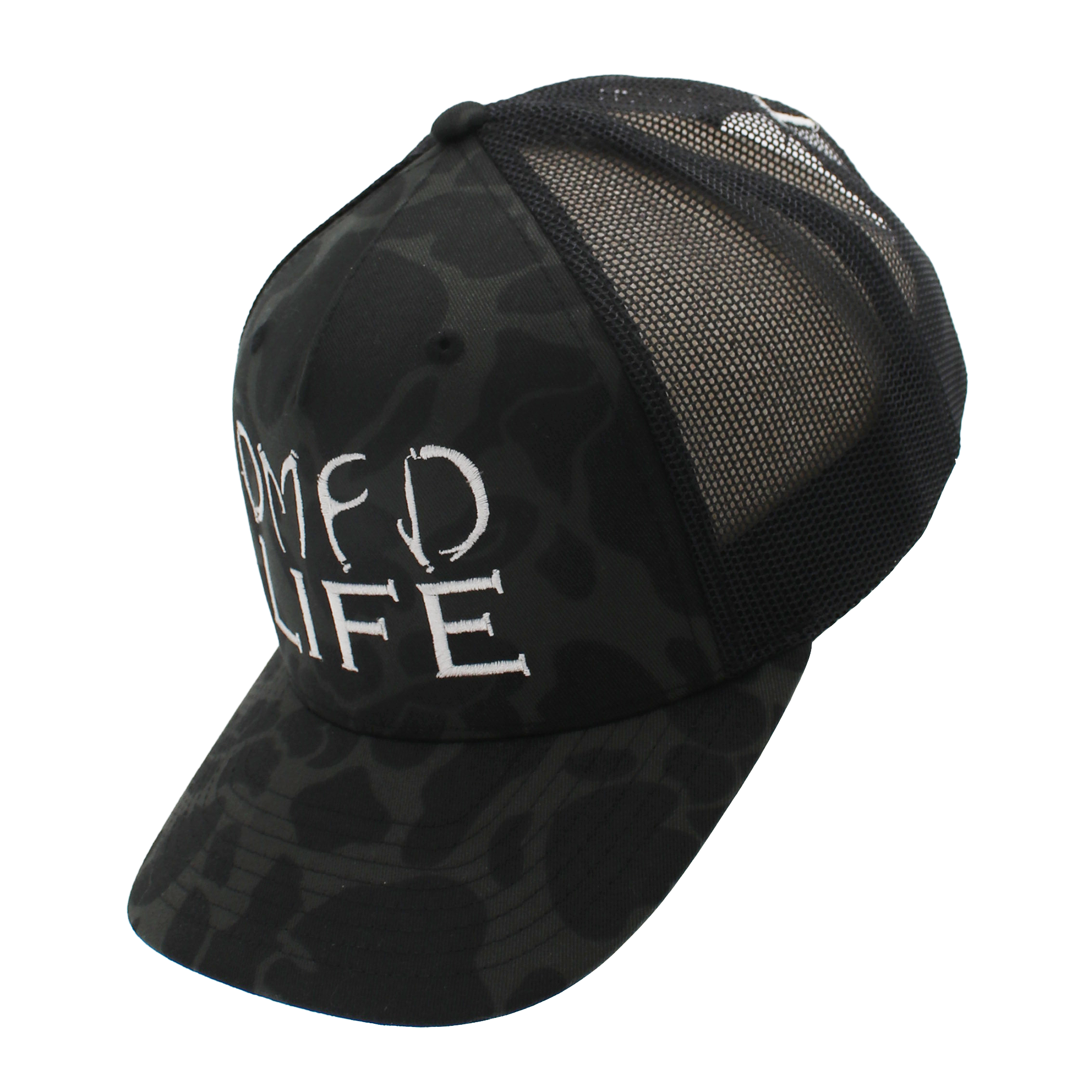 Side of a black duck camo hat with a white logo on the front and a mesh back.