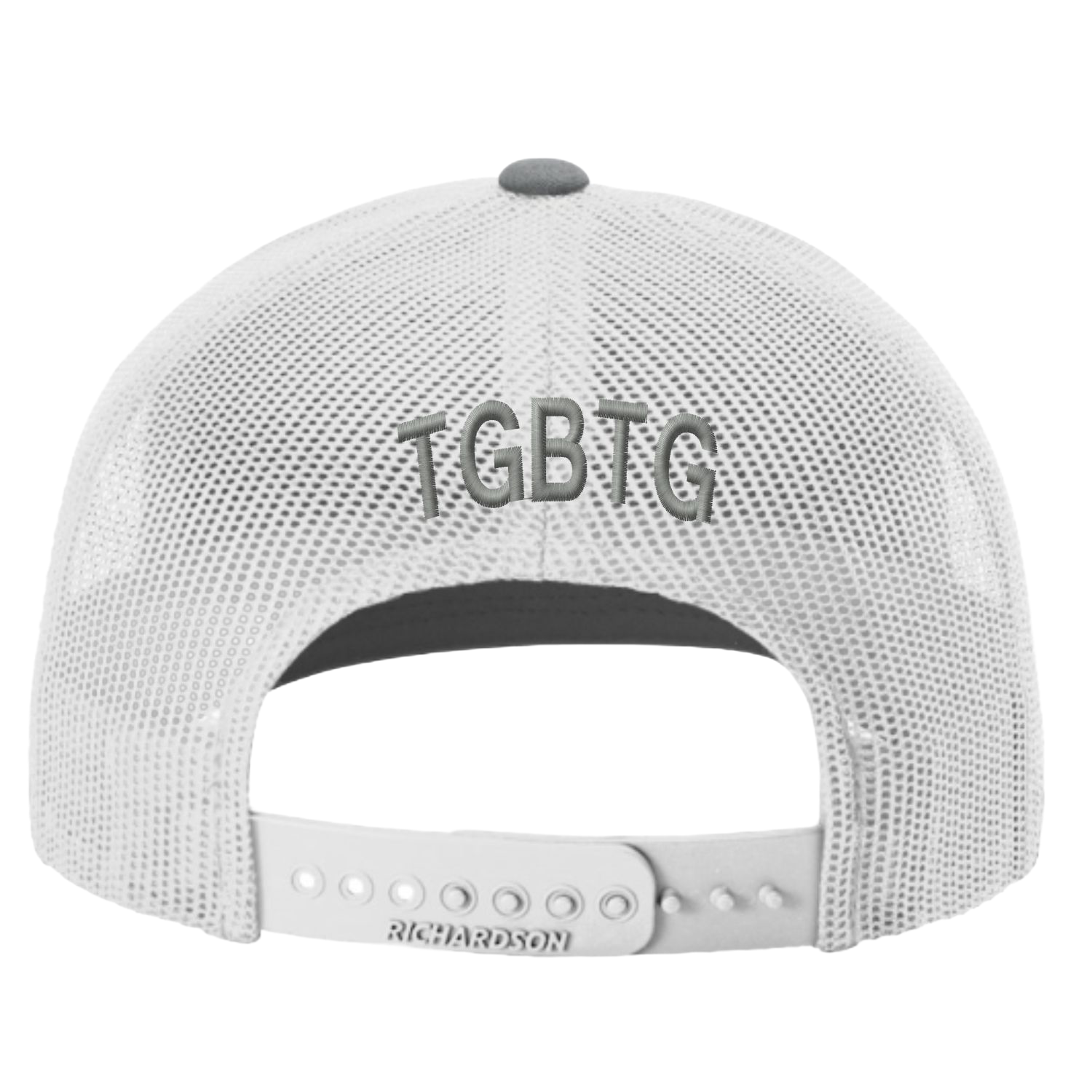 White mesh cap with a grey 'TGBTG' branding above the snapback closure. 
