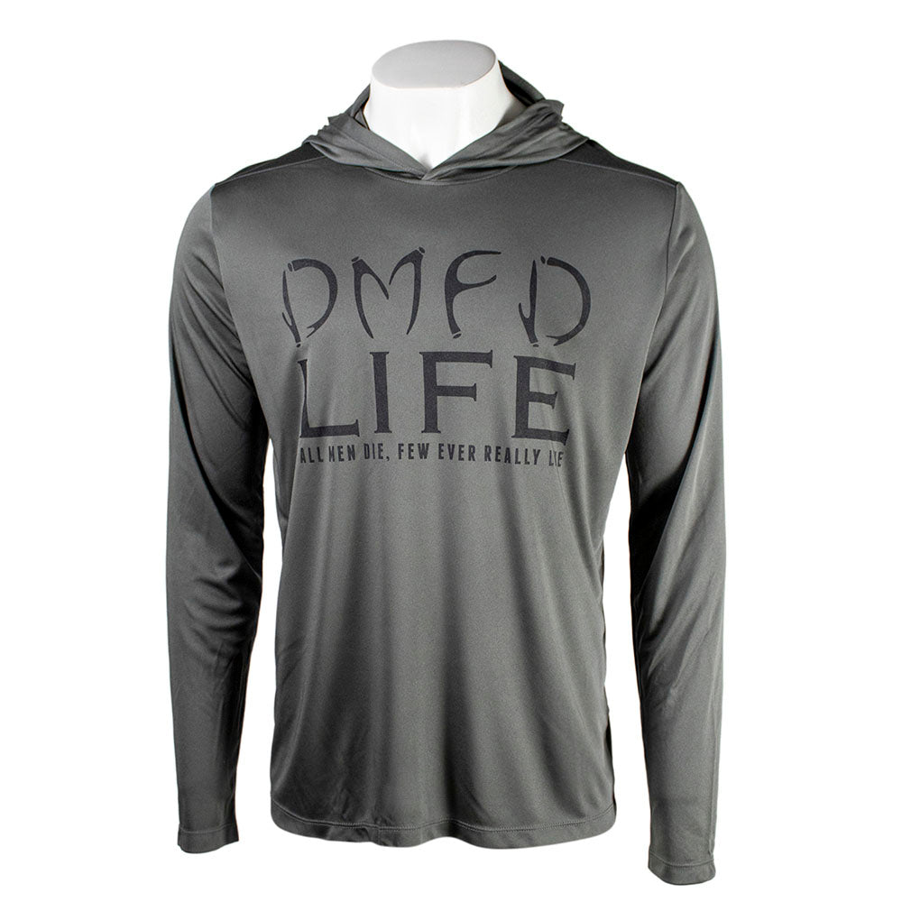 Gray hooded long sleeve with 'DMFD LIFE' text in dark grey on the chest. 