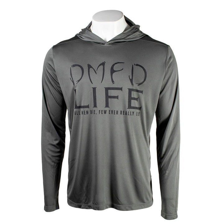 Gray hooded long sleeve with 'DMFD LIFE' text in dark grey on the chest. 