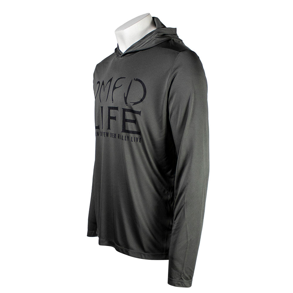 Side of a gray hooded long sleeve with 'DMFD LIFE' text in dark grey on the chest. 