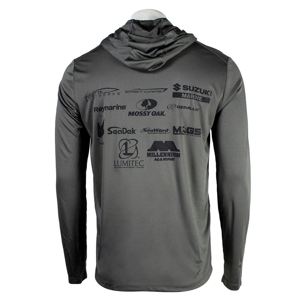 Back of a gray hoodie with multiple brand logos printed on it.