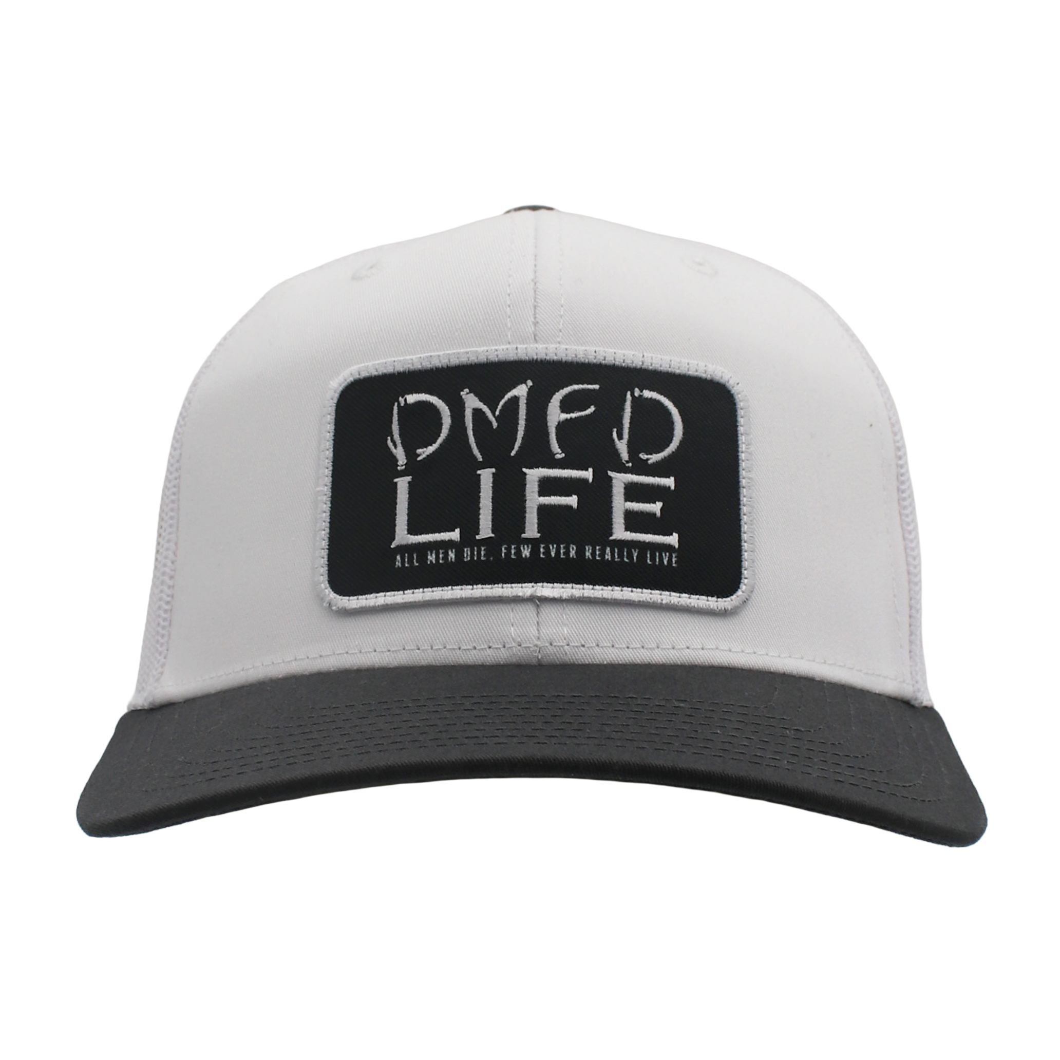 A white hat with a grey bill and a black patch on the front that says "DMFD LIFE" in white