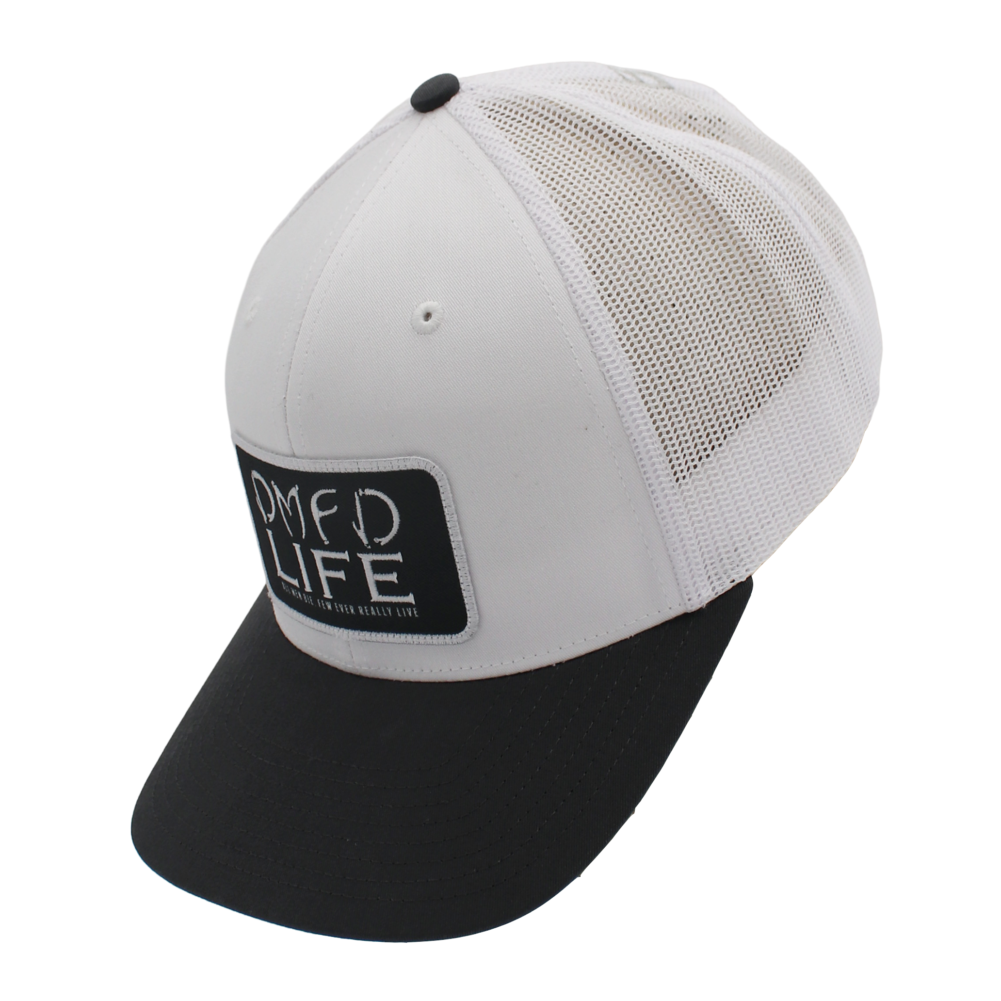 Side of a white hat with a grey bill and a black patch on the front.