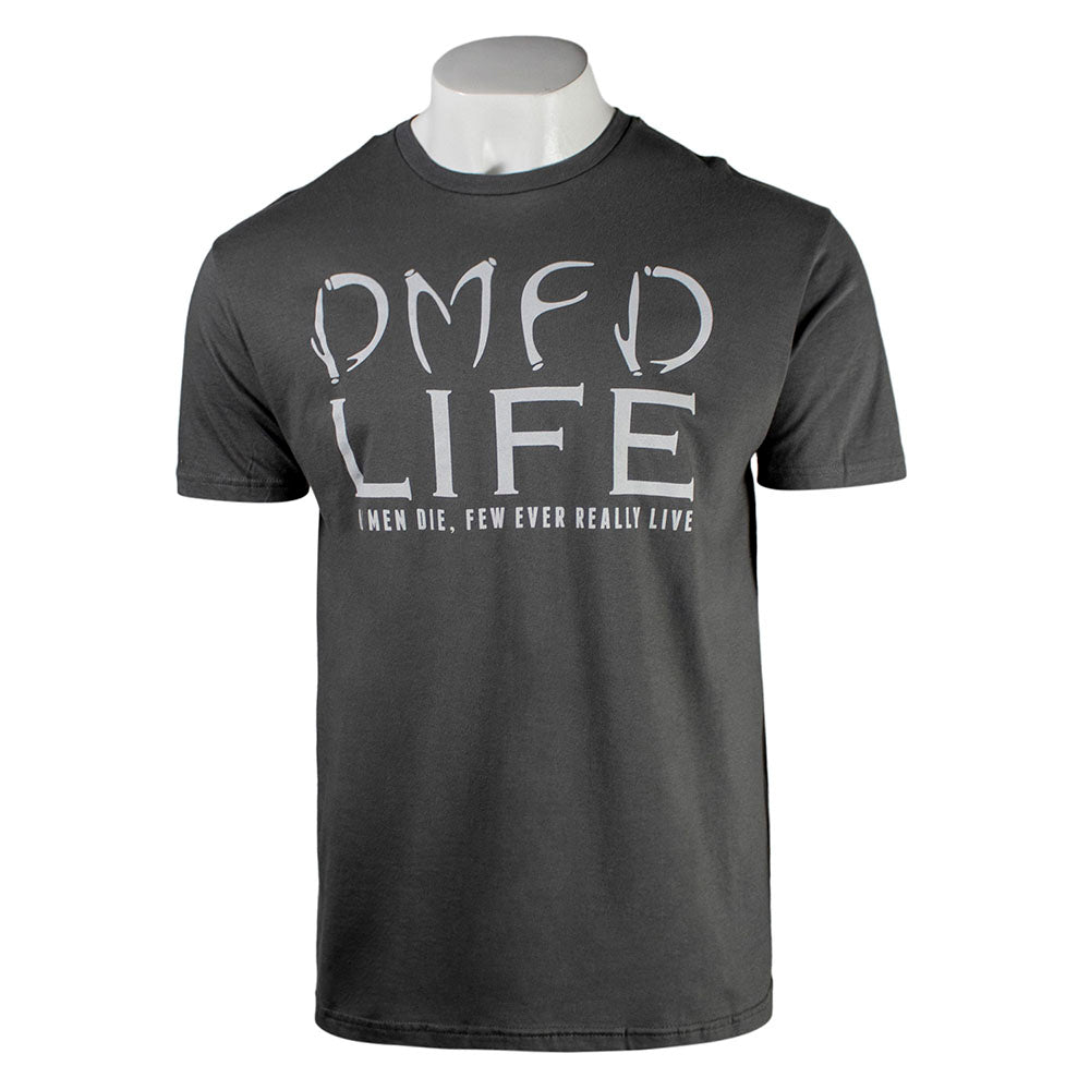 Dark grey t-shirt with 'DMFD LIFE' text on the chest in light grey.