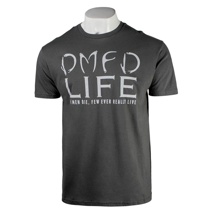 Dark grey t-shirt with 'DMFD LIFE' text on the chest in light grey.