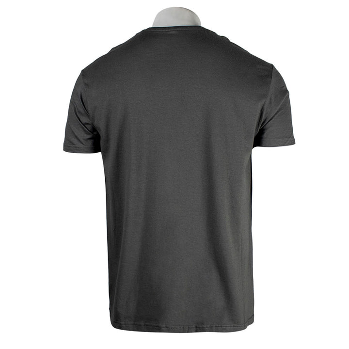 Back of a dark grey t-shirt.
